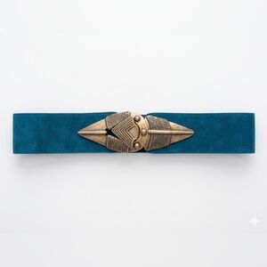 Teal Suede Belt Ornate Antique Brass Buckle boho vintage waist belt bohemian y2k